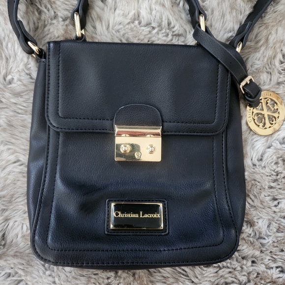 Christian Lacroix Lucie Crossbody Camera Bag Black Faux Leather Gold Lock Detail - Picture 5 of 16